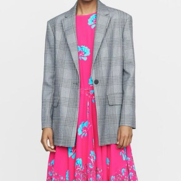 Maje Vaime Plaid Long Length Blazer Gray Black 38 EUR Medium Check Suit Jacket - Picture 1 of 11